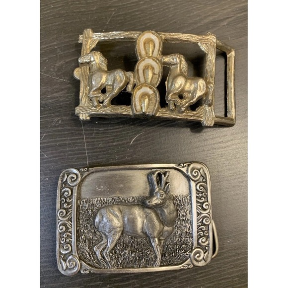 Siskiyou Other - Lot Of 2 Vintage Belt Buckles Siskiyou Bergamot Antelope & Double Horse